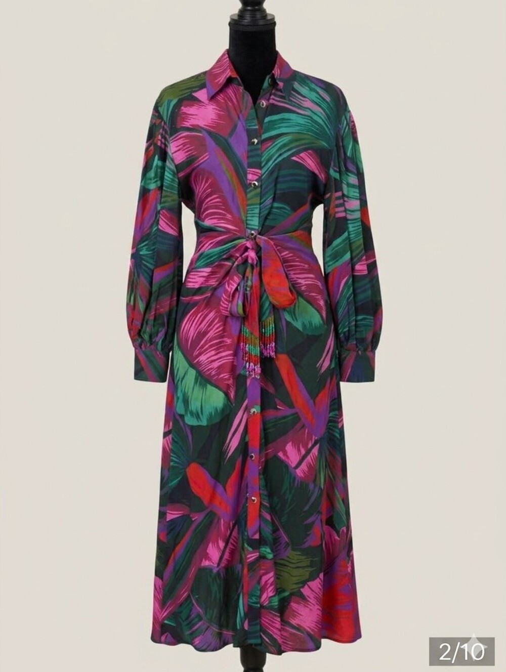 NWT Farm Rio Midnight Leaves Beaded Tie-Front Midi Dress XS Viscose